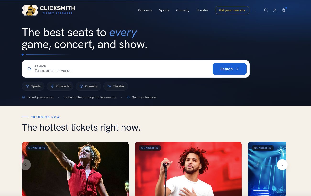 Corporate Ticket Exchange homepage showing event search and live concert inventory