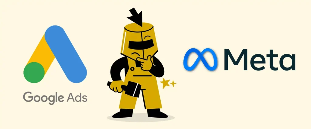 Clicksmith mascot, Sparx, holding chin and pondering in between the Google Ads logo and Meta logo