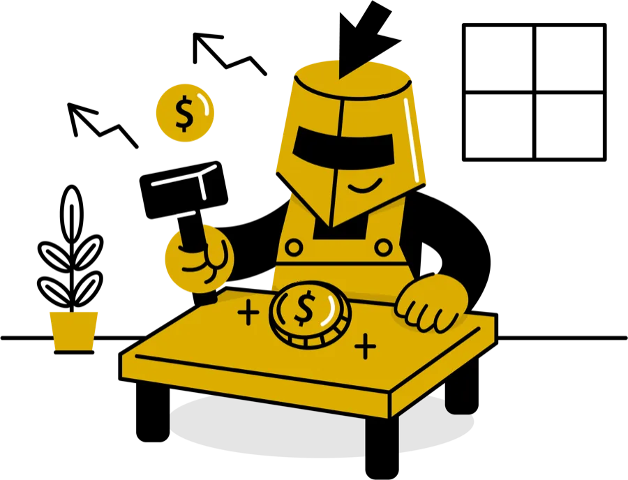 Sparx the Clicksmith mascot forging a gold coin on an anvil table