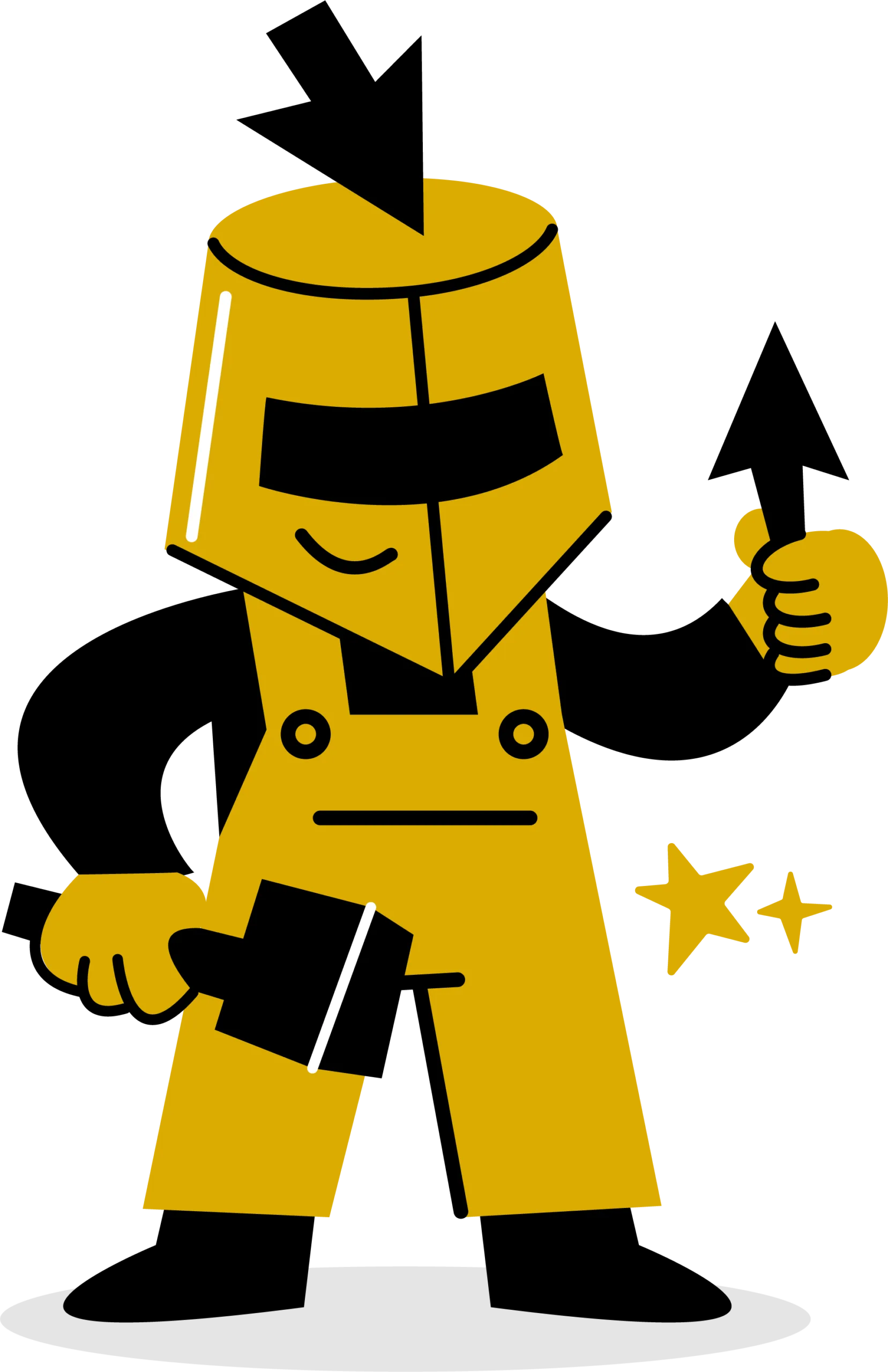 Clicksmith mascot Sparx standing confidently, holding a rising-arrow trowel